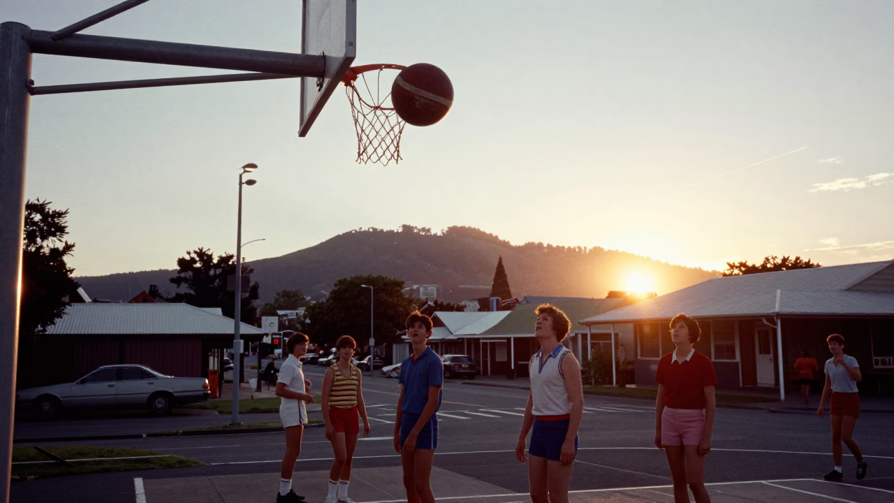 Vintage 1970s Christchurch Sunset Street Scene with Leather Basketball and Local Interaction in in Christchurch, New Zealand