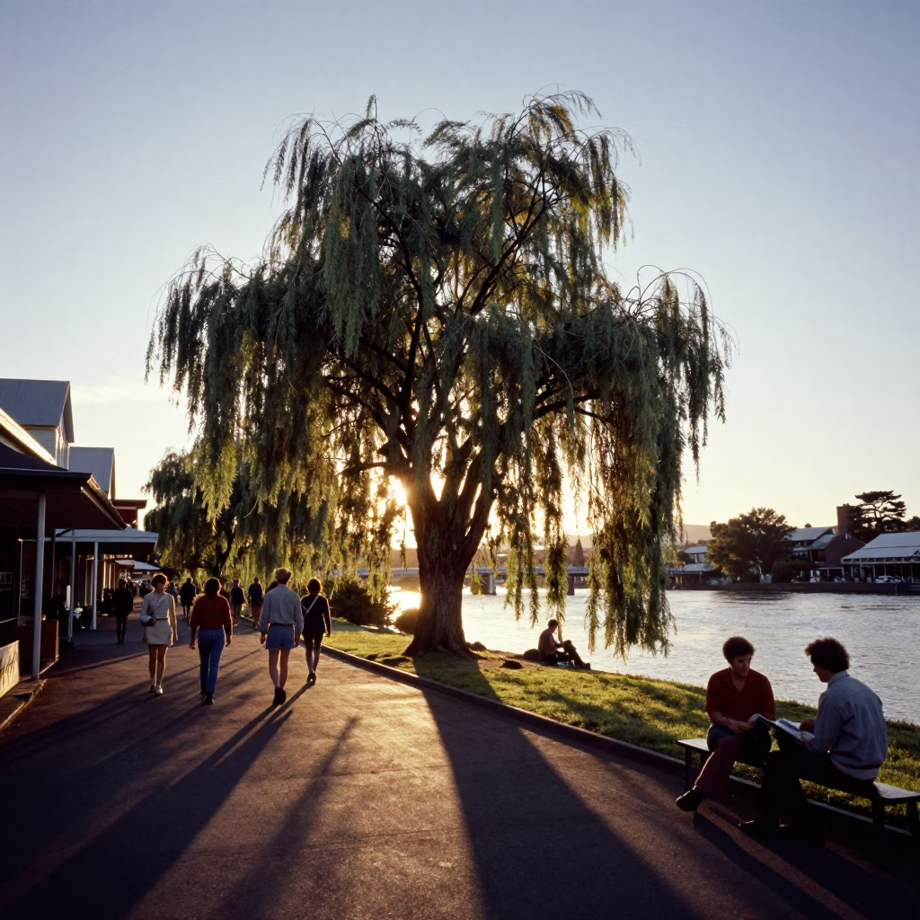Vintage 1970s Christchurch Sunset Street Scene with Willow Tree and Pond in in Christchurch, New Zealand