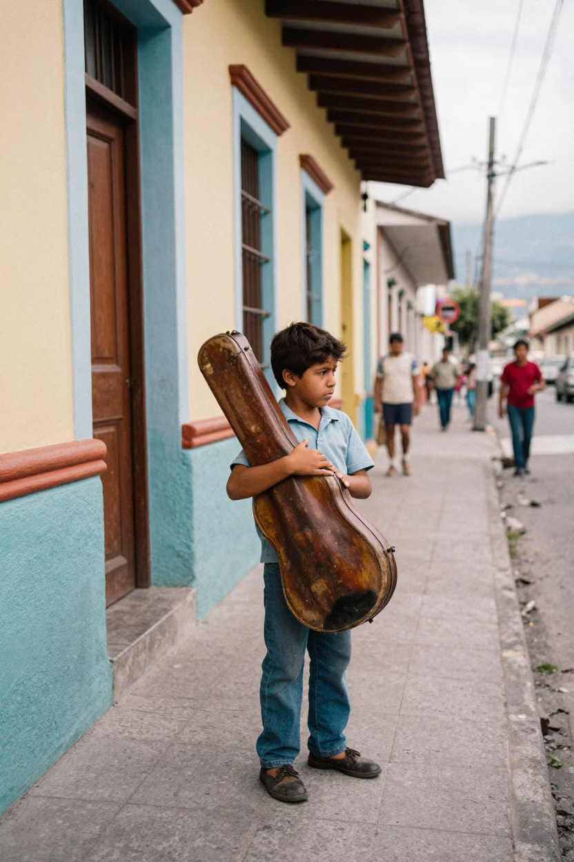 Vintage 1970s Colombian Street Scene with Child Holding Violin in Medellin in in Medellin, Colombia