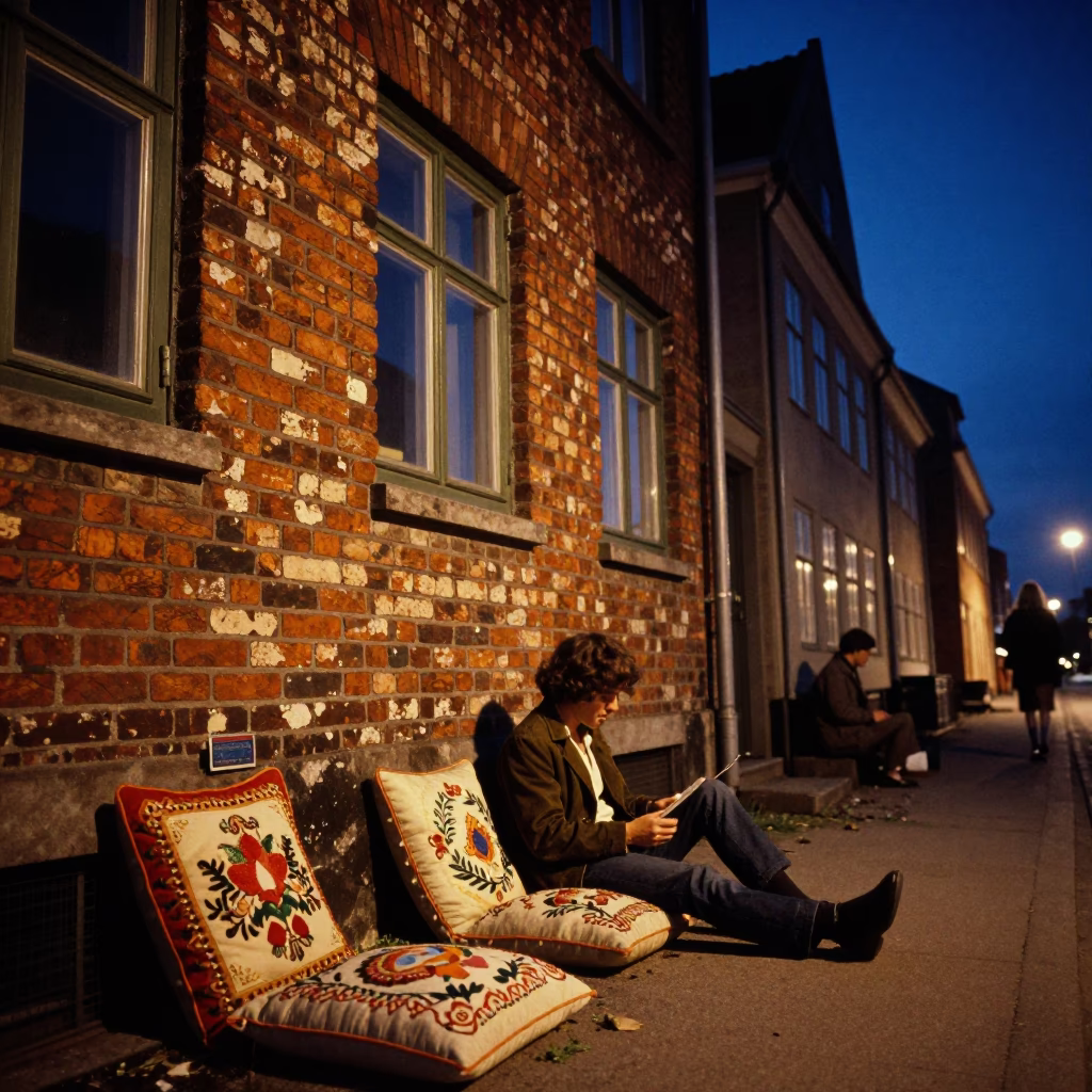 Vintage 1970s Copenhagen Night Scene with Embroidered Cushion and Candle Holder in in Copenhagen, Denmark