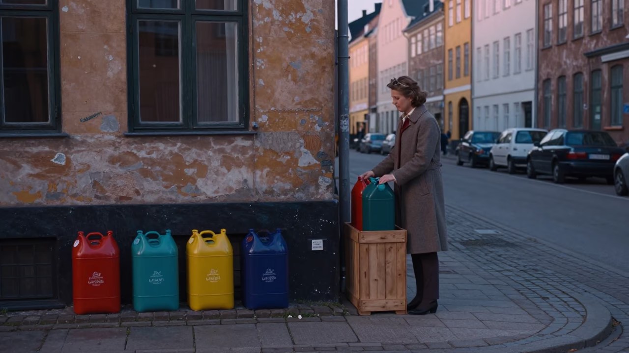 Vintage 1970s Copenhagen Street Scene with Colorful Canisters and Morning Light in in Copenhagen, Denmark