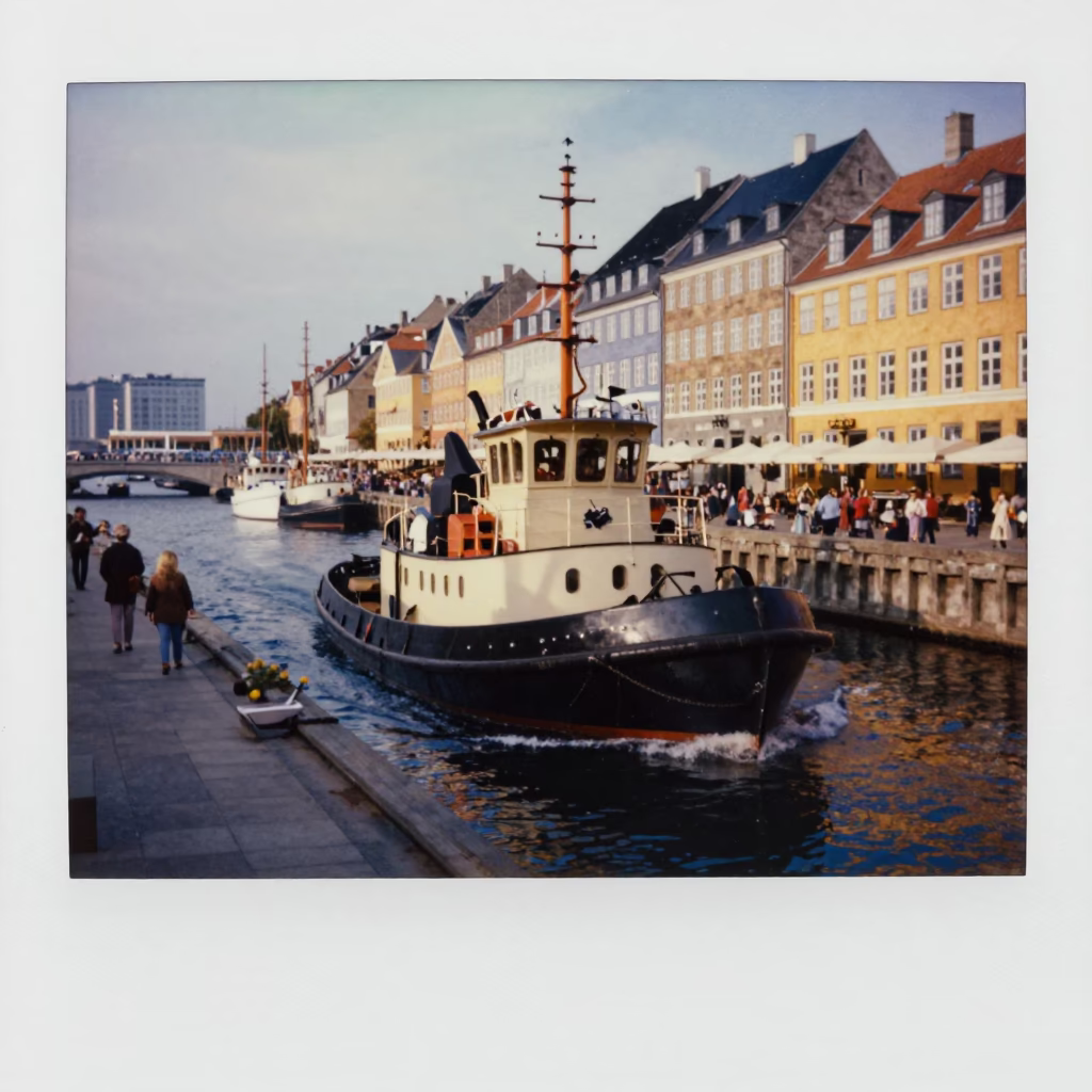 Vintage 1970s Copenhagen Street Scene with Tugboat in Harbor in in Copenhagen, Denmark