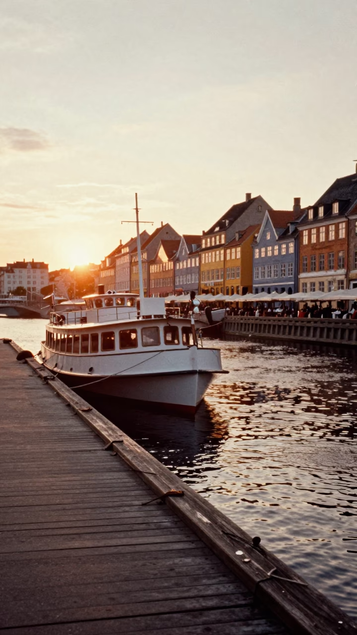 Vintage 1970s Copenhagen Sunset Water Taxi Dock Scene with Wicker Basket in in Copenhagen, Denmark