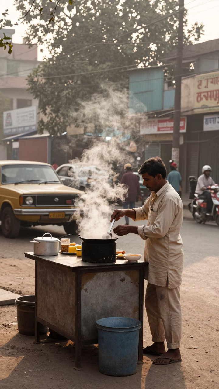 Vintage 1970s Delhi Morning Street Scene with Local Vendor and Kitchen Utensils in in Delhi, India