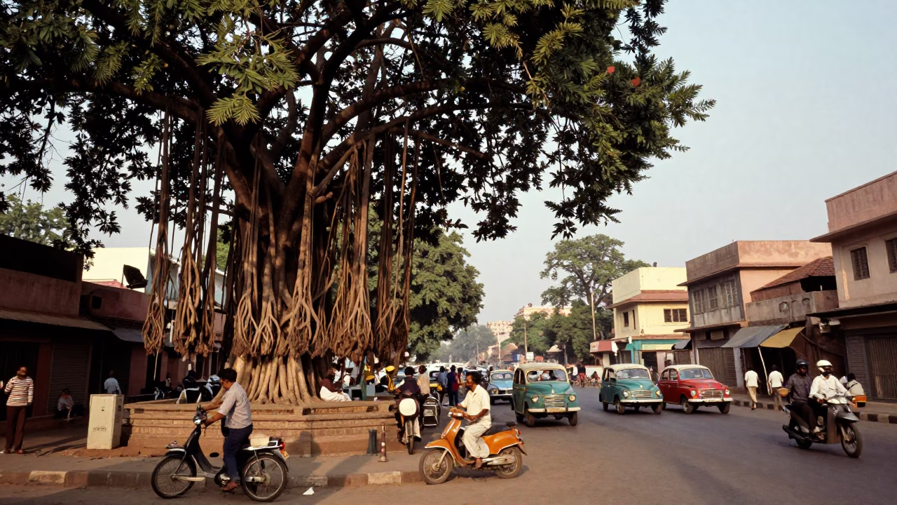 Vintage 1970s Delhi Street Scene with Banyan Tree and Bicycle Near Local Shop in in Delhi, India