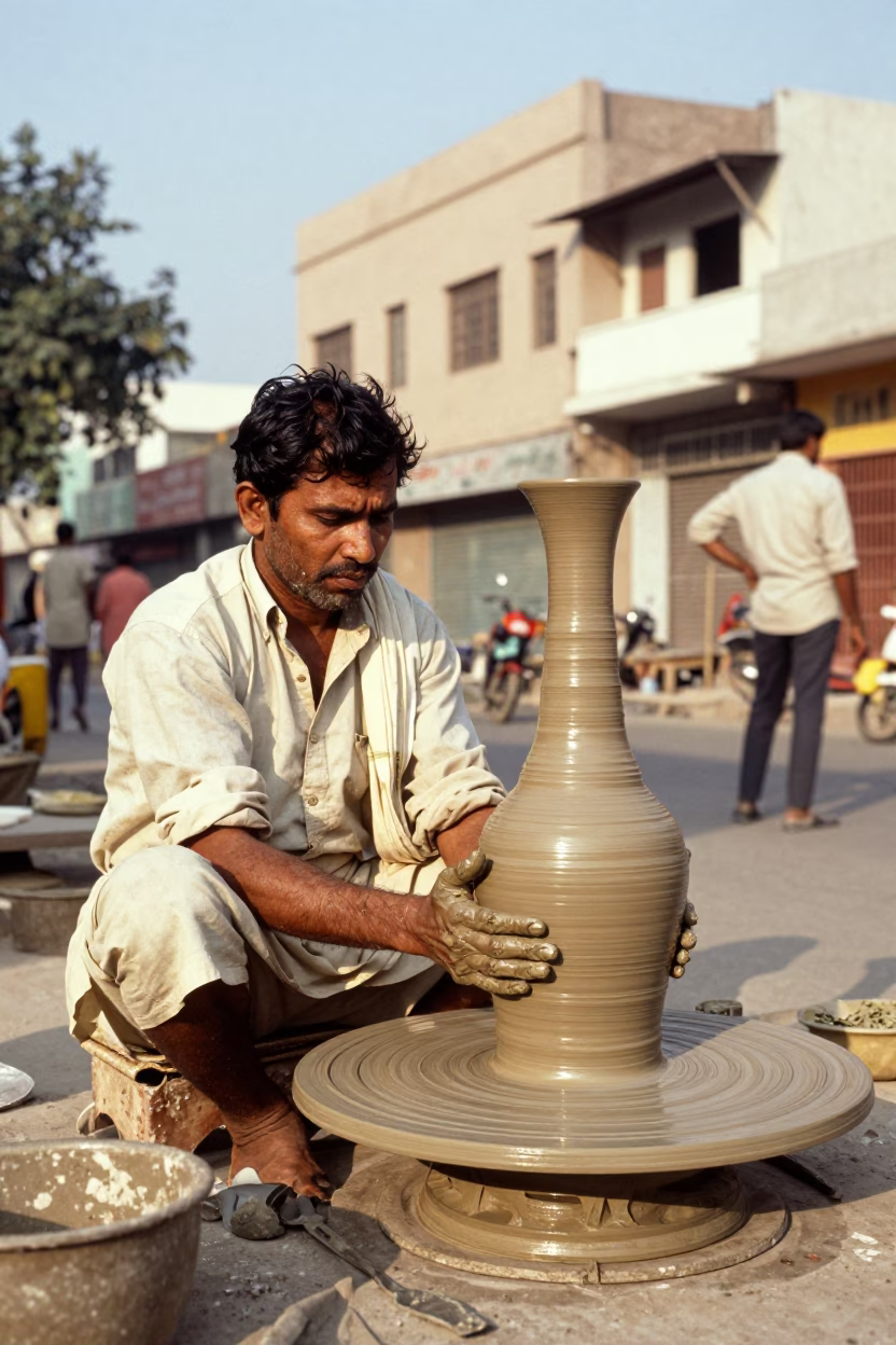 Vintage 1970s Delhi Street Scene with Ceramicist Throwing Tall Vase in in Delhi, India