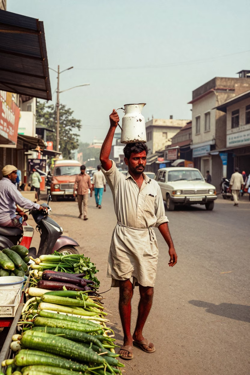 Vintage 1970s Delhi Street Scene with Enamel Pitcher and Radishes in in Delhi, India