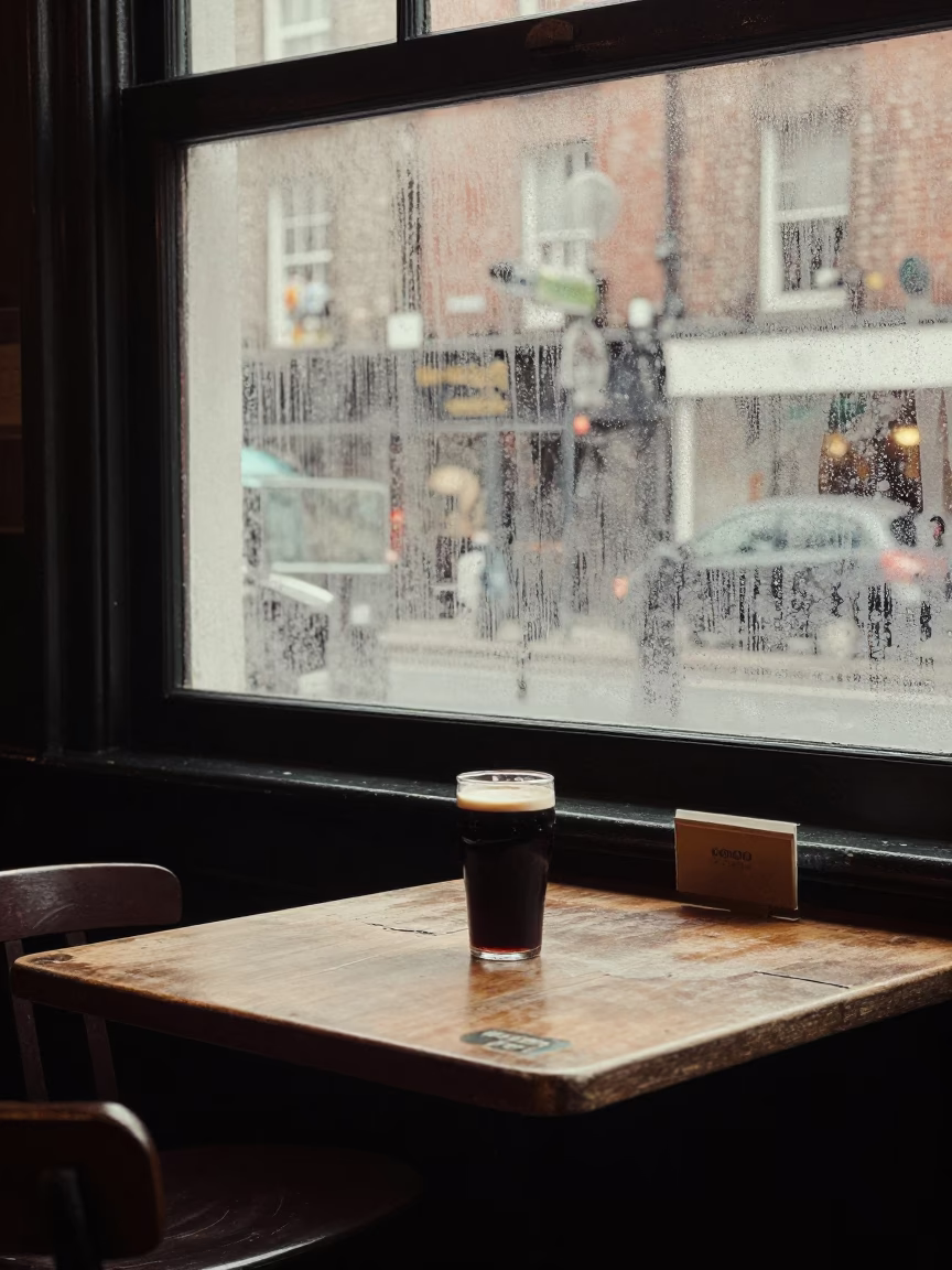 Vintage 1970s Dublin Street Scene with Condensation on Glass and Wooden Spoon in in Dublin, Ireland