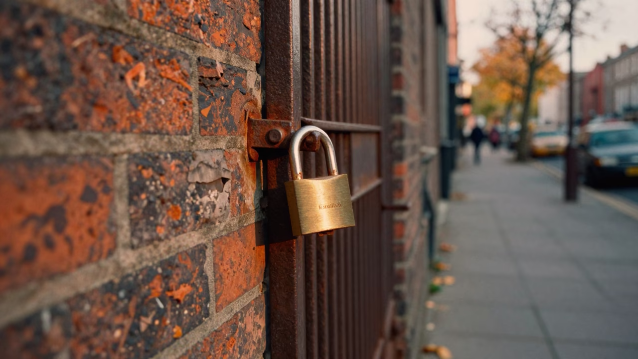Vintage 1970s Dublin Street Scene with Padlock and Autumn Foliage in in Dublin, Ireland