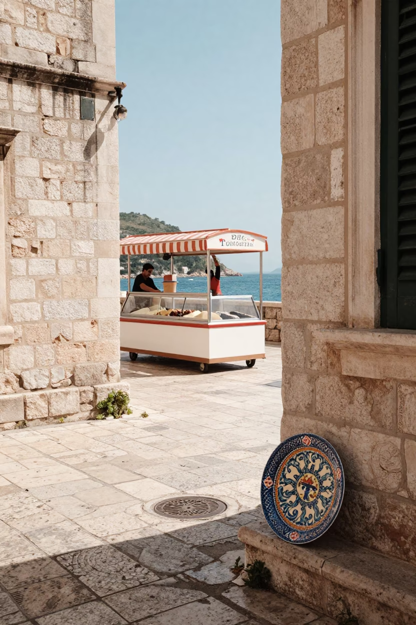 Vintage 1970s Dubrovnik Street Scene with Gelato Display and Local Life in in Dubrovnik, Croatia