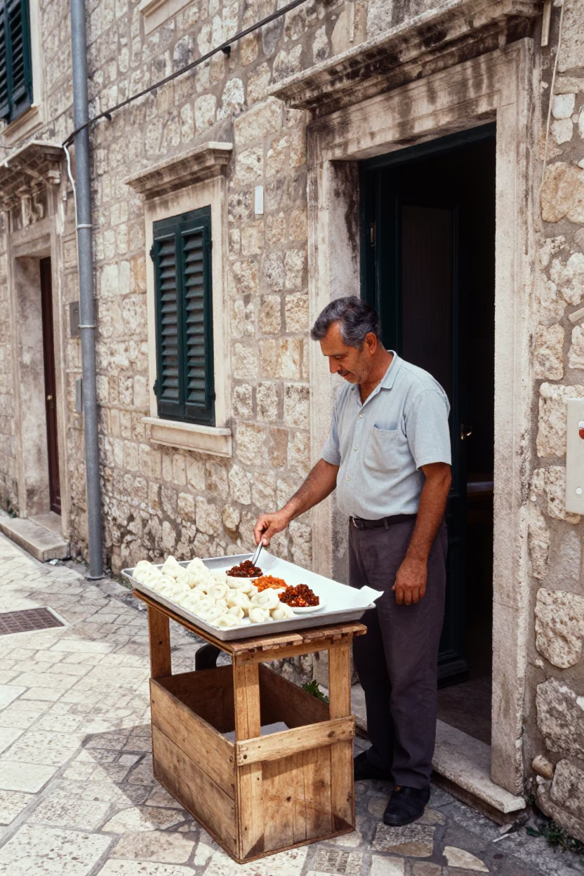 Vintage 1970s Dubrovnik Street Scene with Local Vendor and Traditional Elements in in Dubrovnik, Croatia