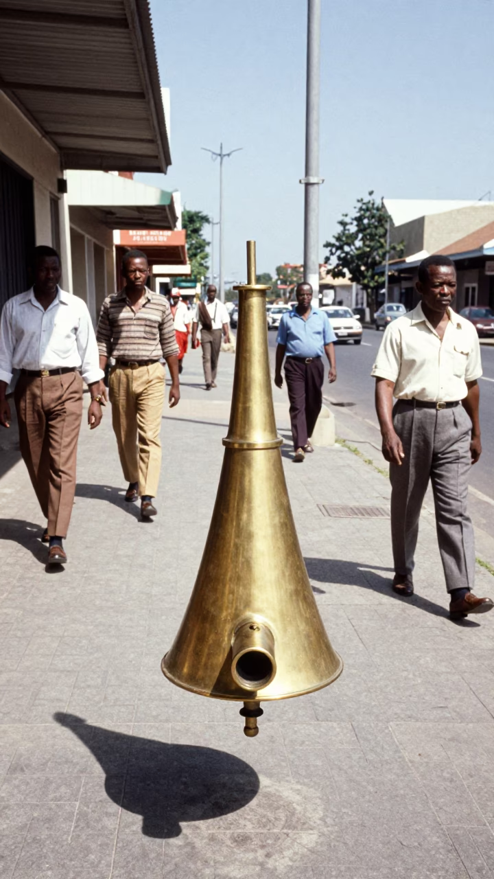 Vintage 1970s Durban street scene with brass telescope counterweight near beachfront promenade in in Durban, South Africa
