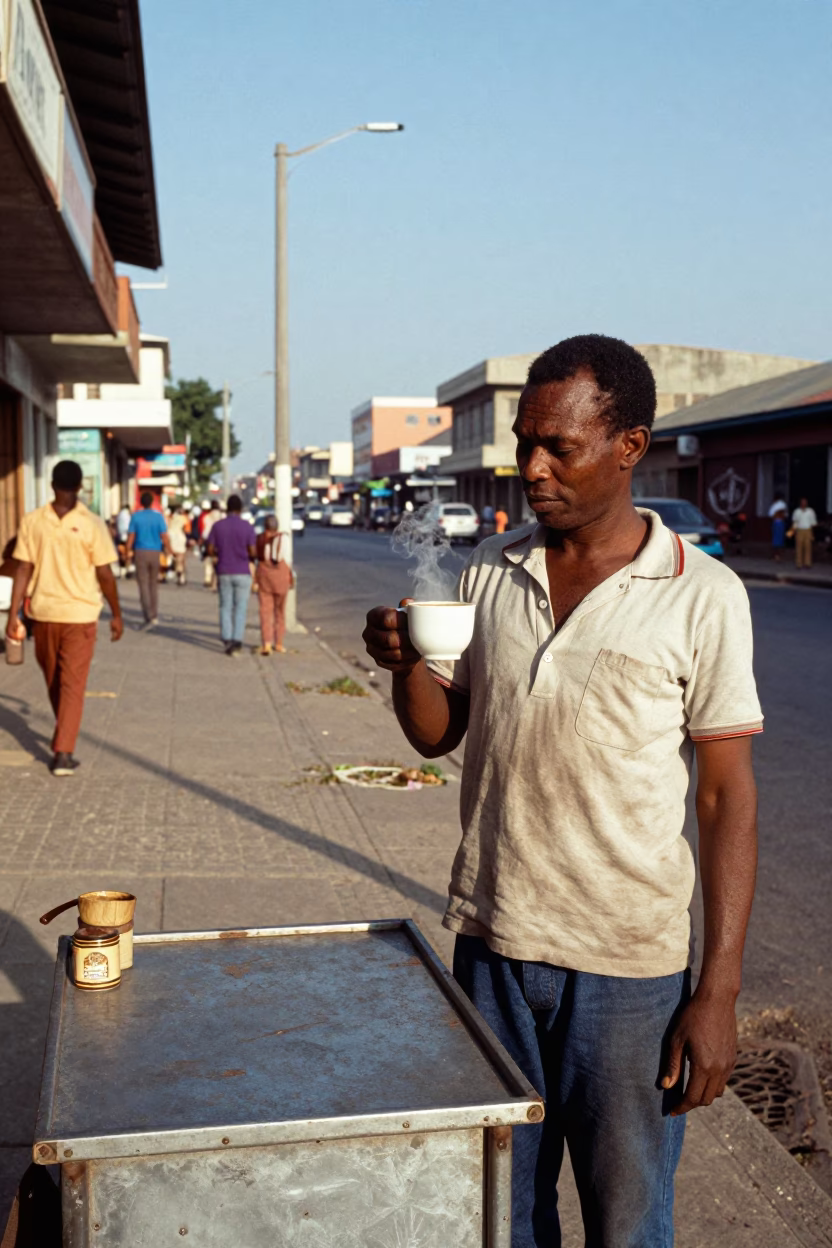 Vintage 1970s Durban Street Scene with Ceramic Cup and Scarf in Late Afternoon Light in in Durban, South Africa