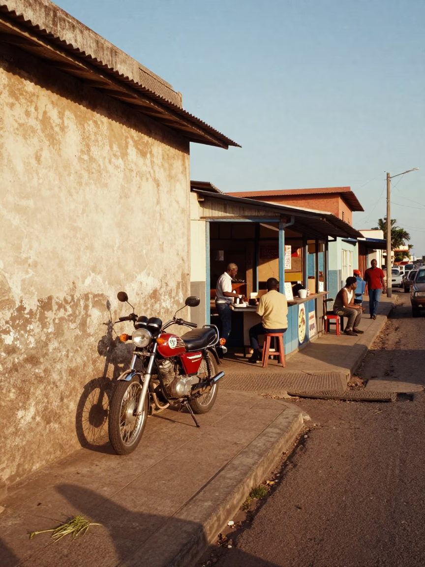 Vintage 1970s Durban Street Scene with Motorcycle and Local Diners in in Durban, South Africa