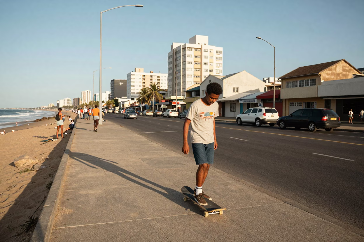 Vintage 1970s Durban Street Scene with Skateboarder and Urban Details in in Durban, South Africa