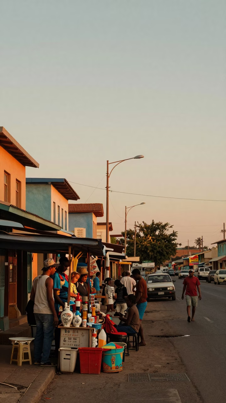 Vintage 1970s Durban Sunset Street Scene with Colorful Shop Displays and Local Commerce in in Durban, South Africa