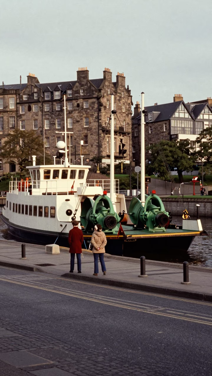 Vintage 1970s Edinburgh Street Scene with Chain Ferry Crossing River in in Edinburgh, United Kingdom
