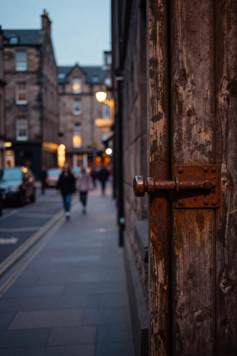 Vintage 1970s Edinburgh Street Scene with Rusty Latch and Evening City Lights in in Edinburgh, United Kingdom