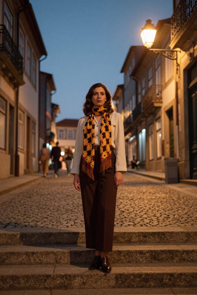 Vintage 1970s Fashion Portrait of Woman in Scarf Against Porto Portugal City Lights in in Porto, Portugal