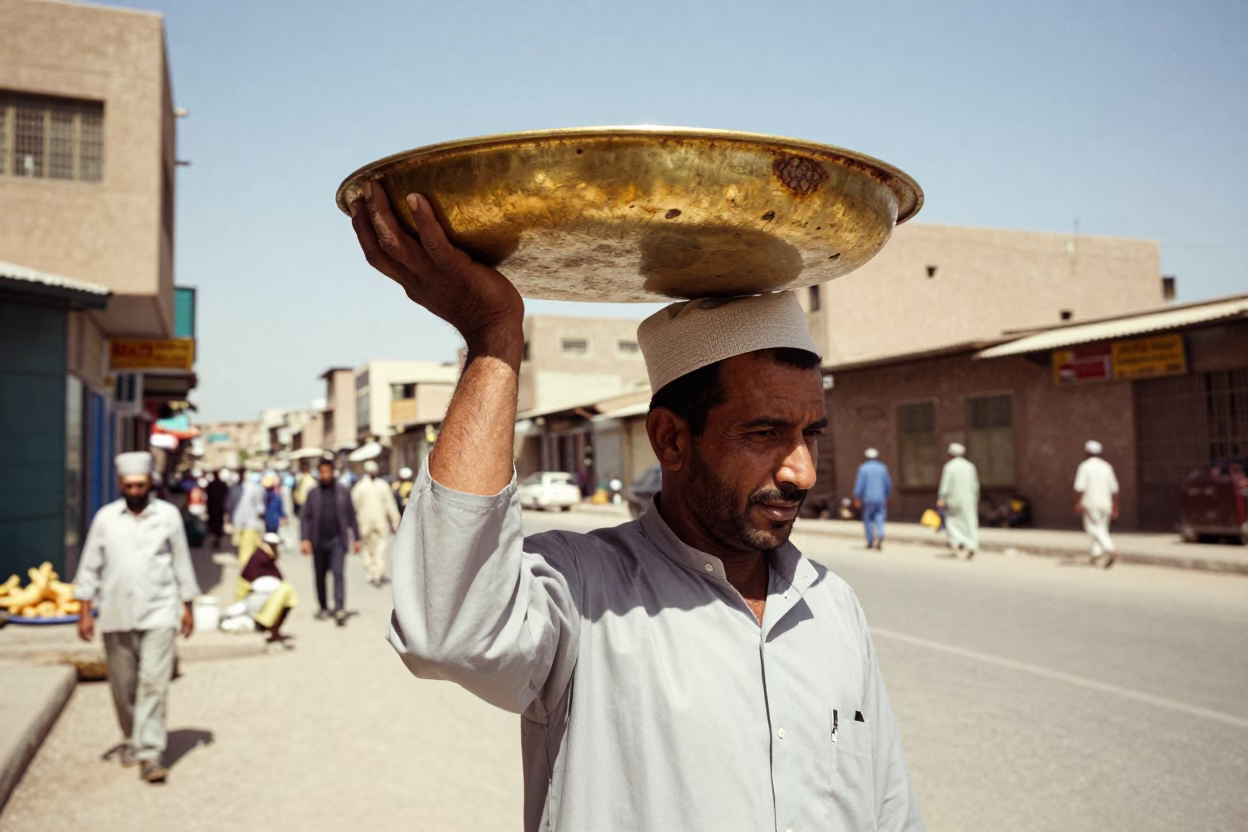 Vintage 1970s Fez Morocco Noon Street Scene with Brass Tray and Thermos in in Fez, Morocco