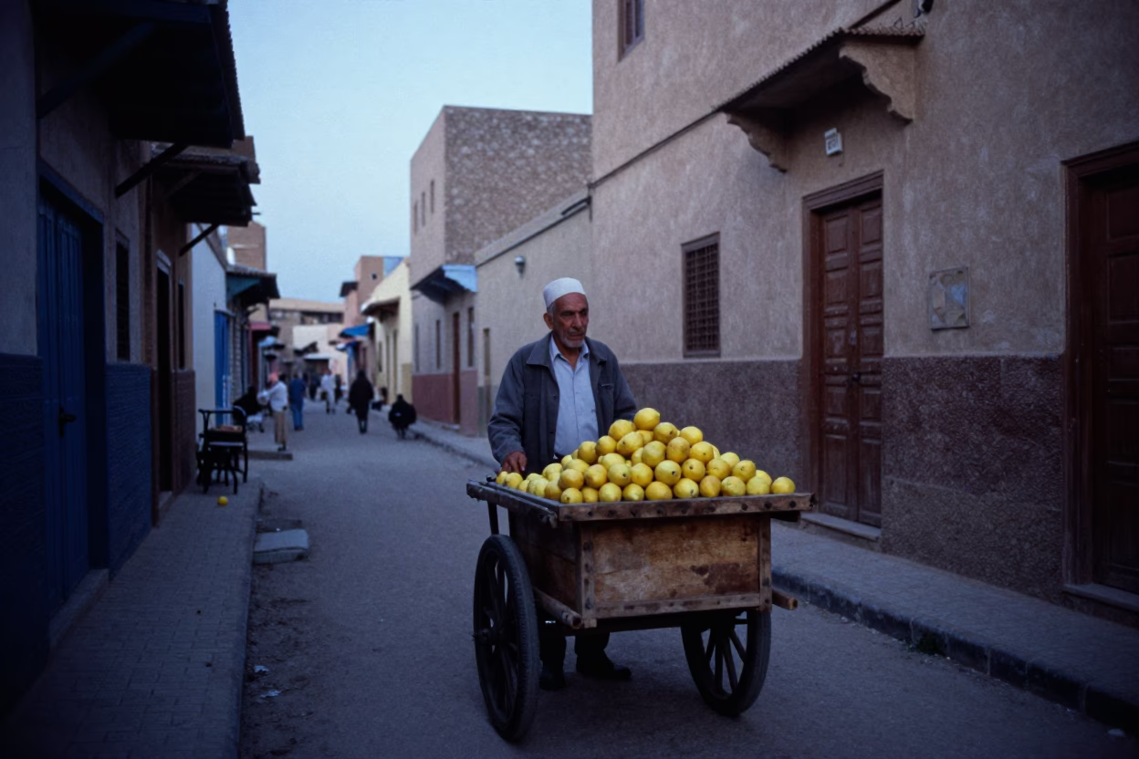 Vintage 1970s Fez Morocco Pre-Dawn Street Scene with Lemons and Apothecary Scale in in Fez, Morocco