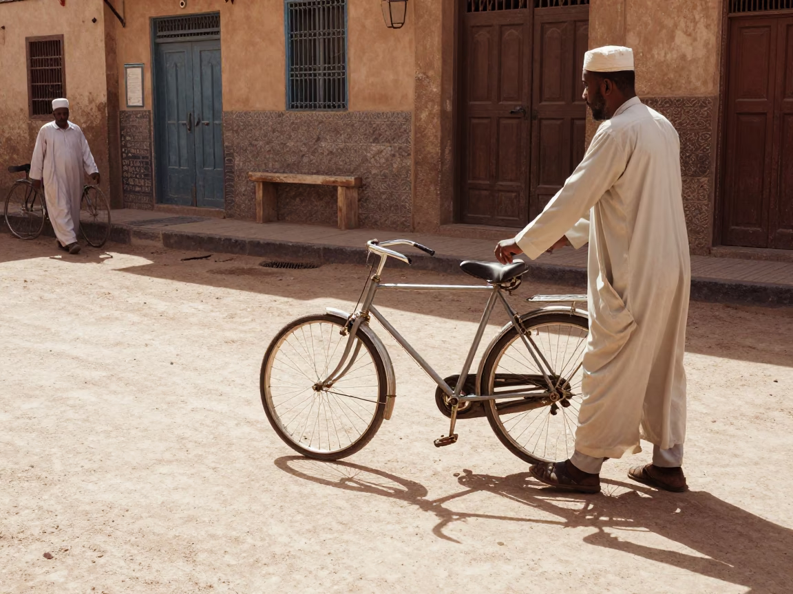 Vintage 1970s Fez Morocco Street Scene with Bicycle and Traditional Attire in in Fez, Morocco