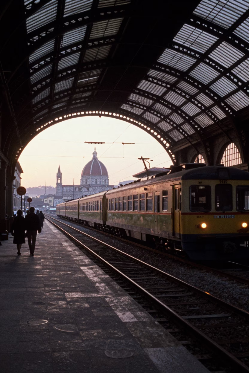 Vintage 1970s Florence Italy Nautical Dawn Street Scene with Train Station Clock in in Florence, Italy