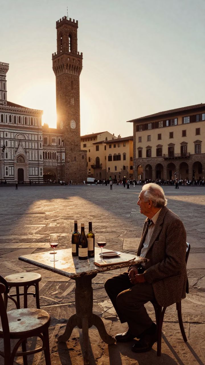 Vintage 1970s Florence street scene at sunset with wine opener on table in in Florence, Italy