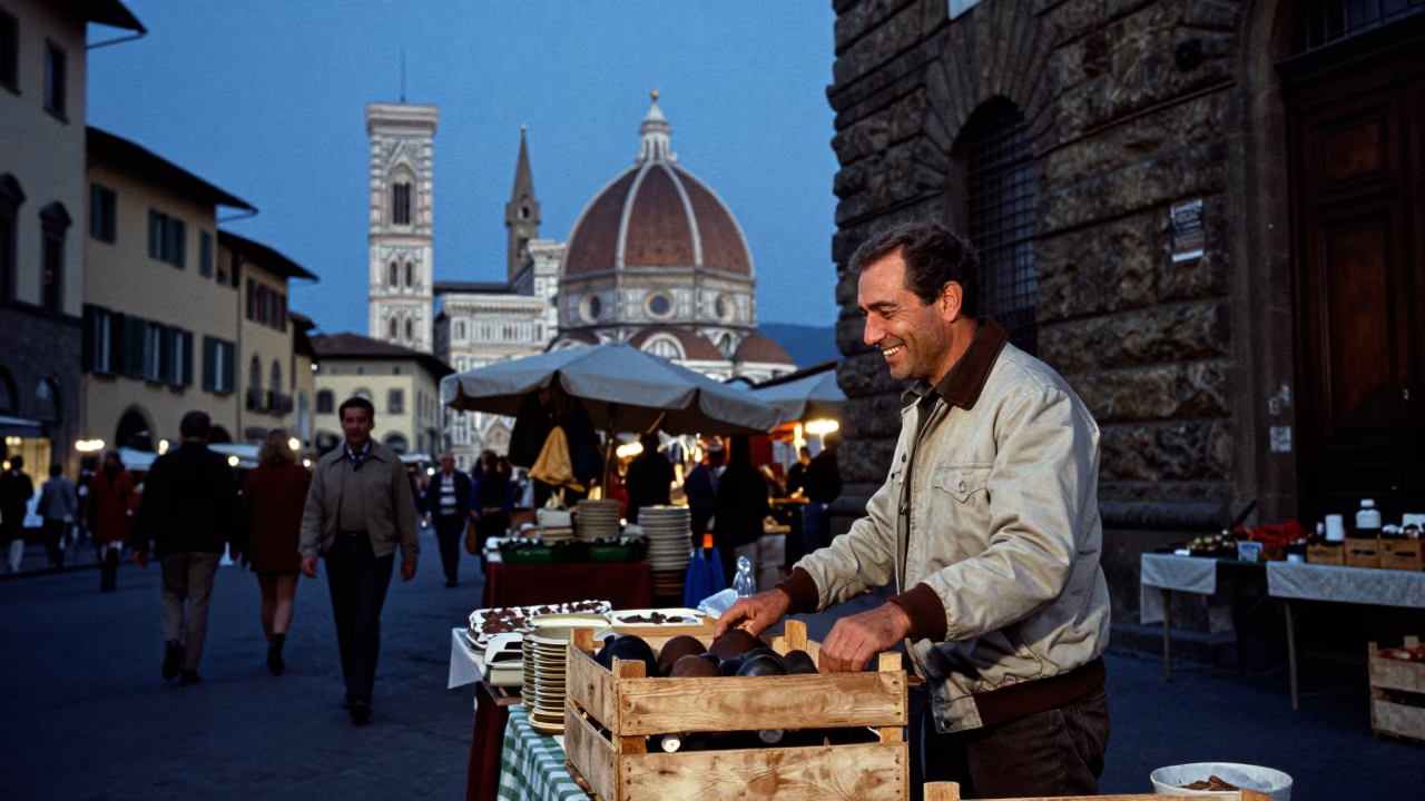 Vintage 1970s Florence Street Scene in Indigo Twilight with Local Market Goods in in Florence, Italy