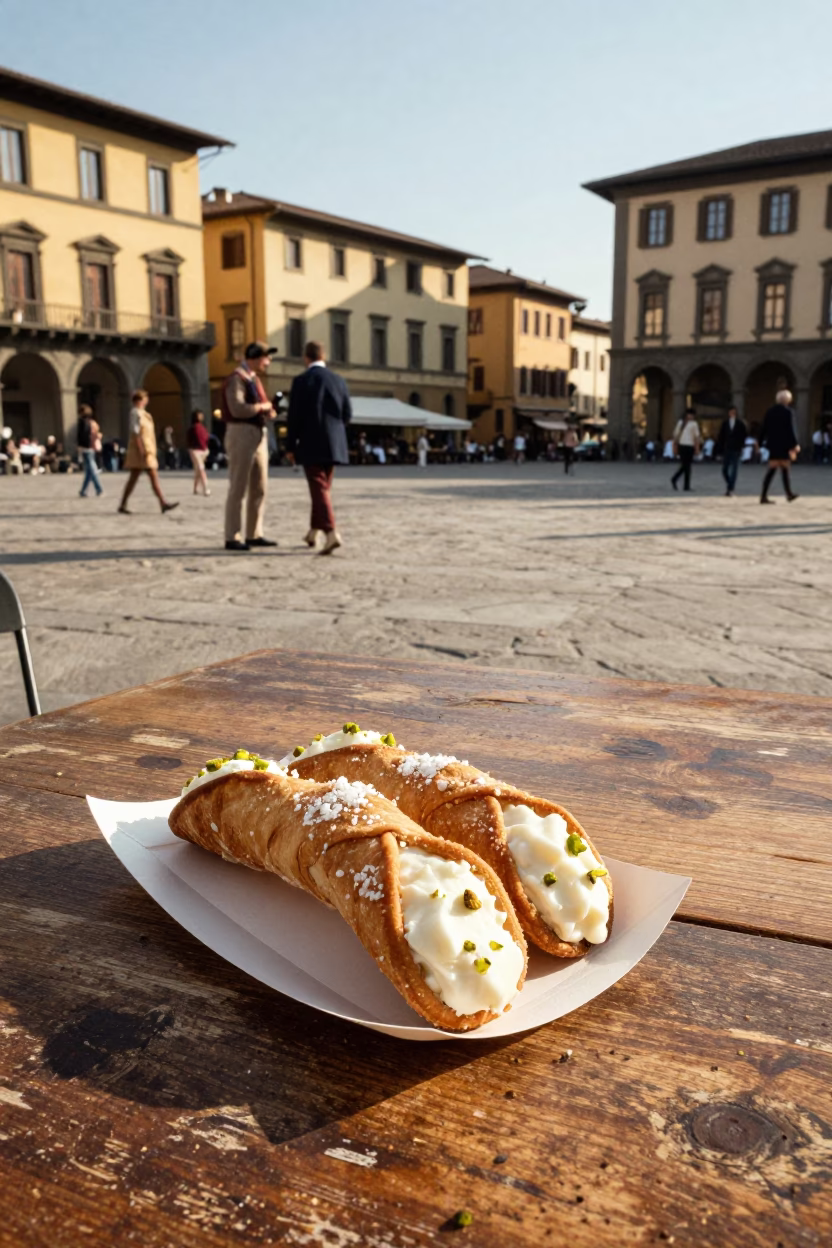 Vintage 1970s Florence Street Scene with Cannoli and Pistachio Pastry on Wooden Table in in Florence, Italy