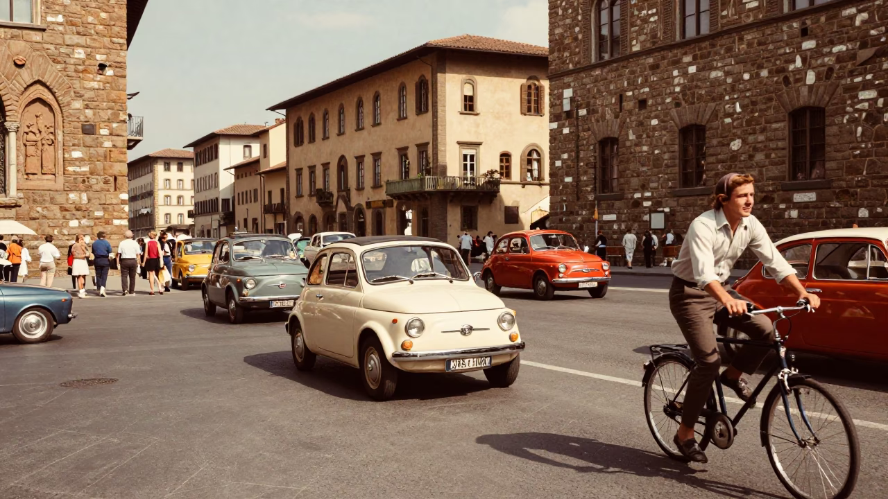 Vintage 1970s Florence Street Scene with Classic Cars and Cyclists in in Florence, Italy