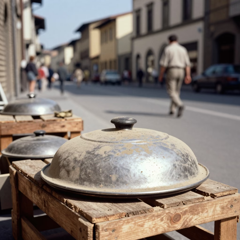 Vintage 1970s Florence Street Scene with Dusty Pot Lid and Umbrella Handle in in Florence, Italy