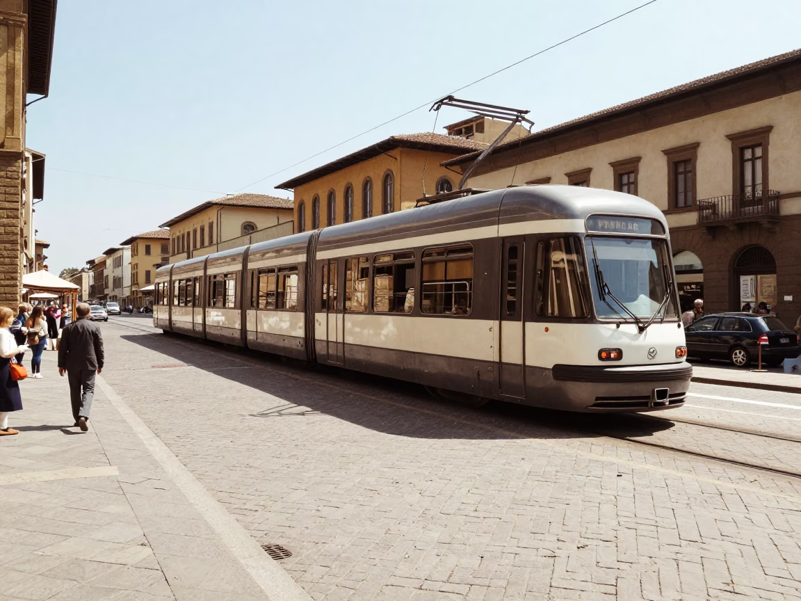 Vintage 1970s Florence street scene with monorail and brushed steel bench in in Florence, Italy