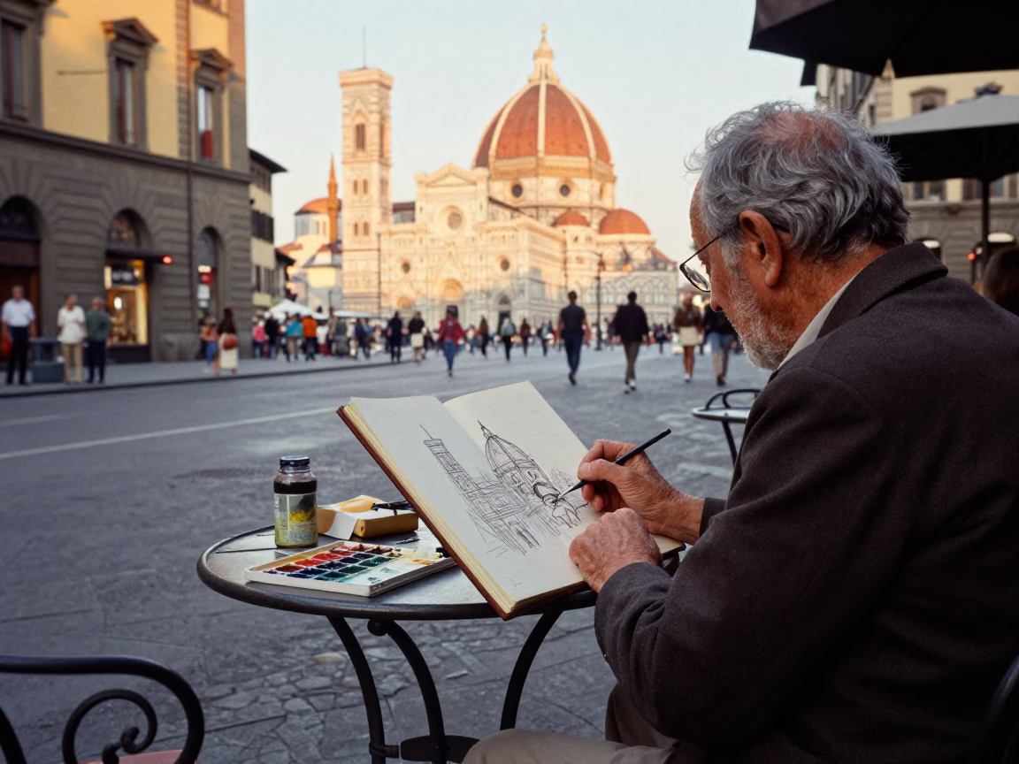 Vintage 1970s Florence Street Scene with Notebook and Watercolor Tin at Sunrise in in Florence, Italy