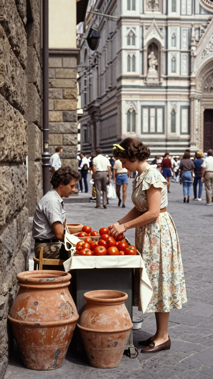 Vintage 1970s Florence Street Scene with Terracotta Pots and Market Activity in in Florence, Italy
