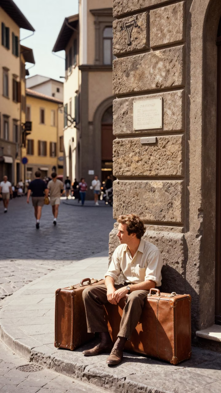 Vintage 1970s Florence Street Scene with Traveler Suitcases and Local Architectural Details in in Florence, Italy