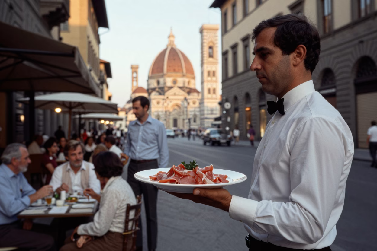 Vintage 1970s Florence Street Scene with Vitello Tonnato and Brushed Steel Bottle in in Florence, Italy