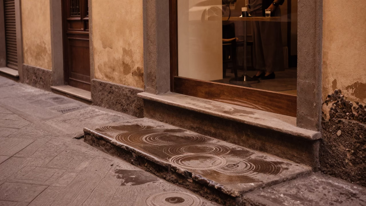 Vintage 1970s Florence Street Scene with Water Rings on Tile and Caster Wheel in in Florence, Italy