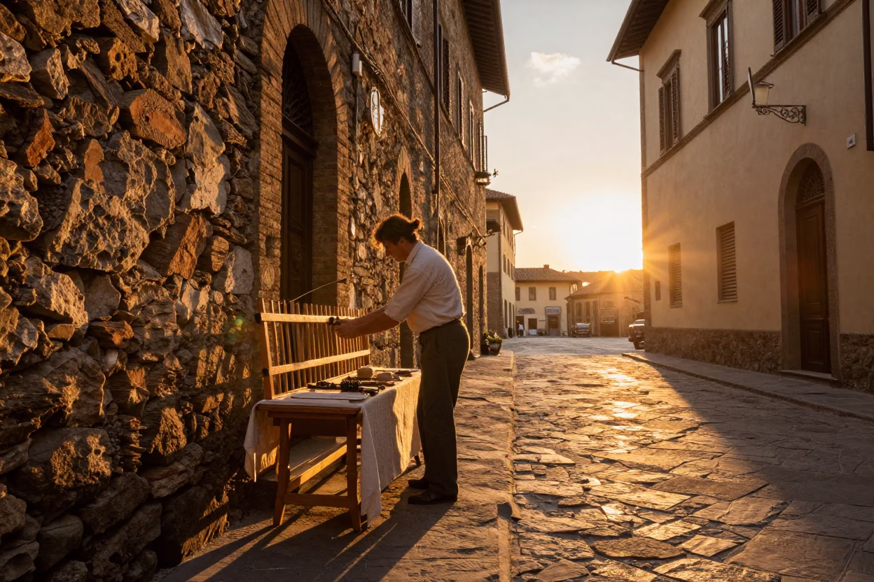 Vintage 1970s Florence Sunset Street Scene with Local Artisan and Traditional Elements in in Florence, Italy