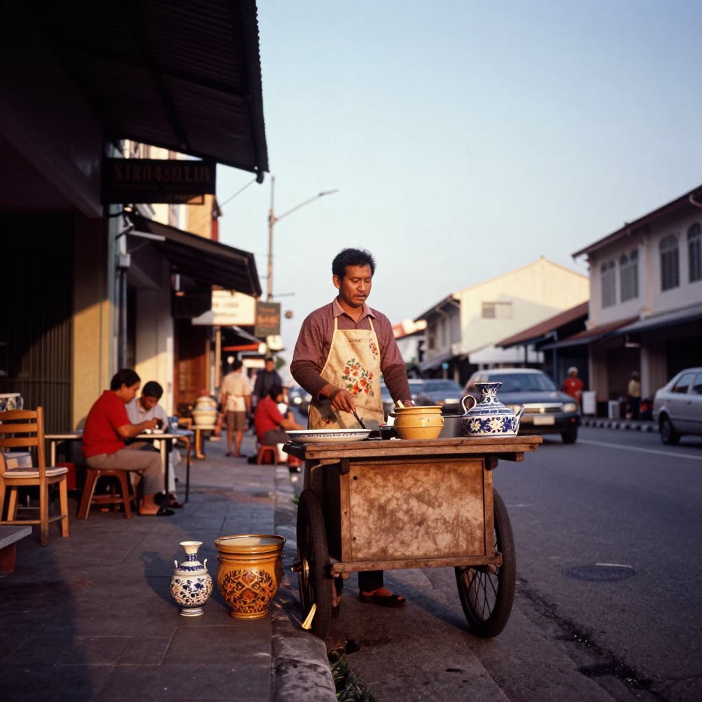 Vintage 1970s George Town Street Scene with Aprons and Majolica Plates at Sunset in in George Town, Malaysia