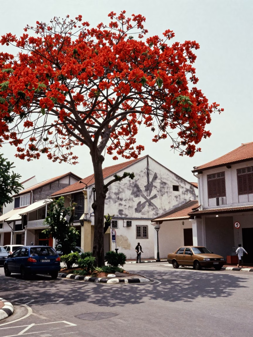 Vintage 1970s George Town Street Scene with Flame Tree Bloom and Local Life in in George Town, Malaysia