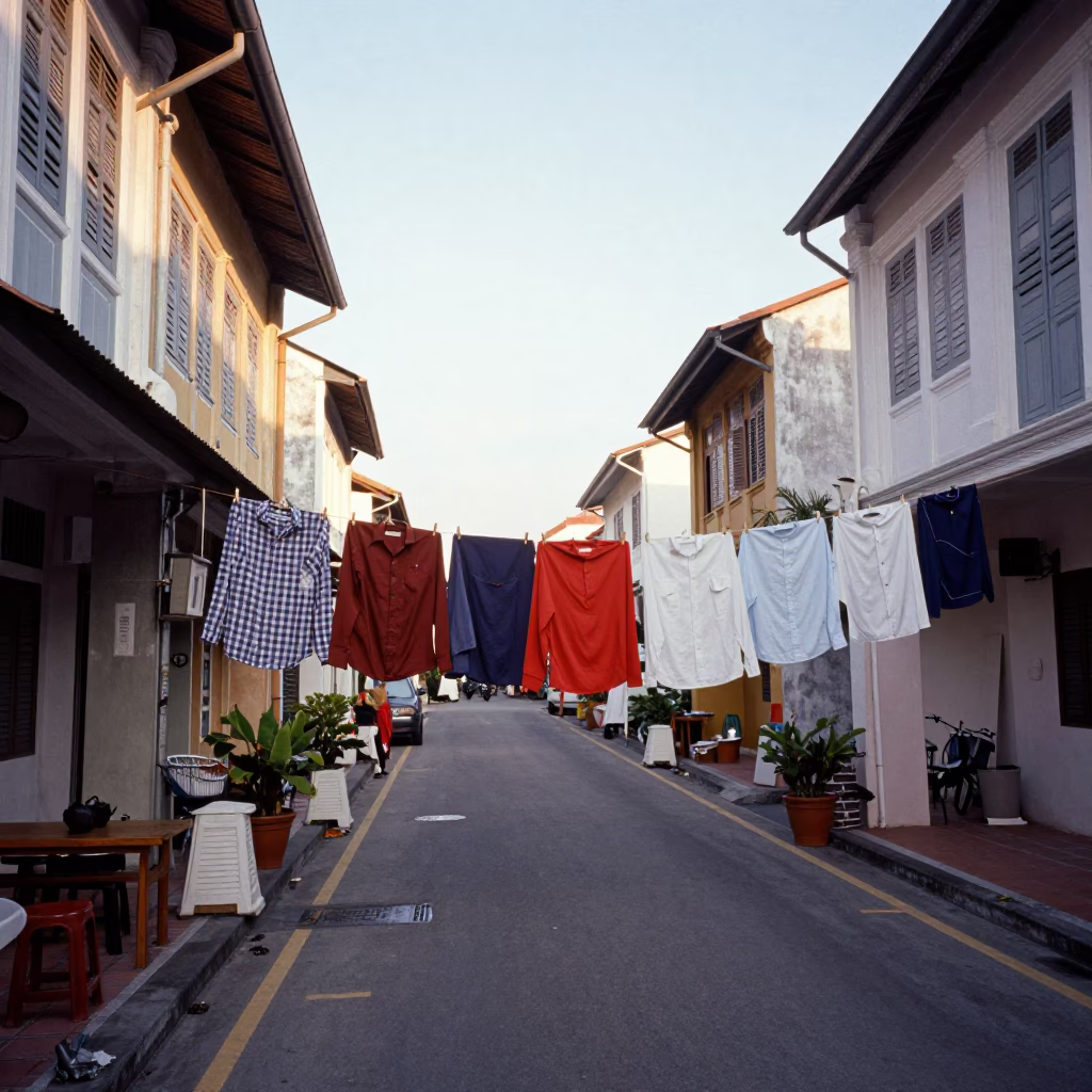 Vintage 1970s George Town Street Scene with Laundry and Morning Light in in George Town, Malaysia