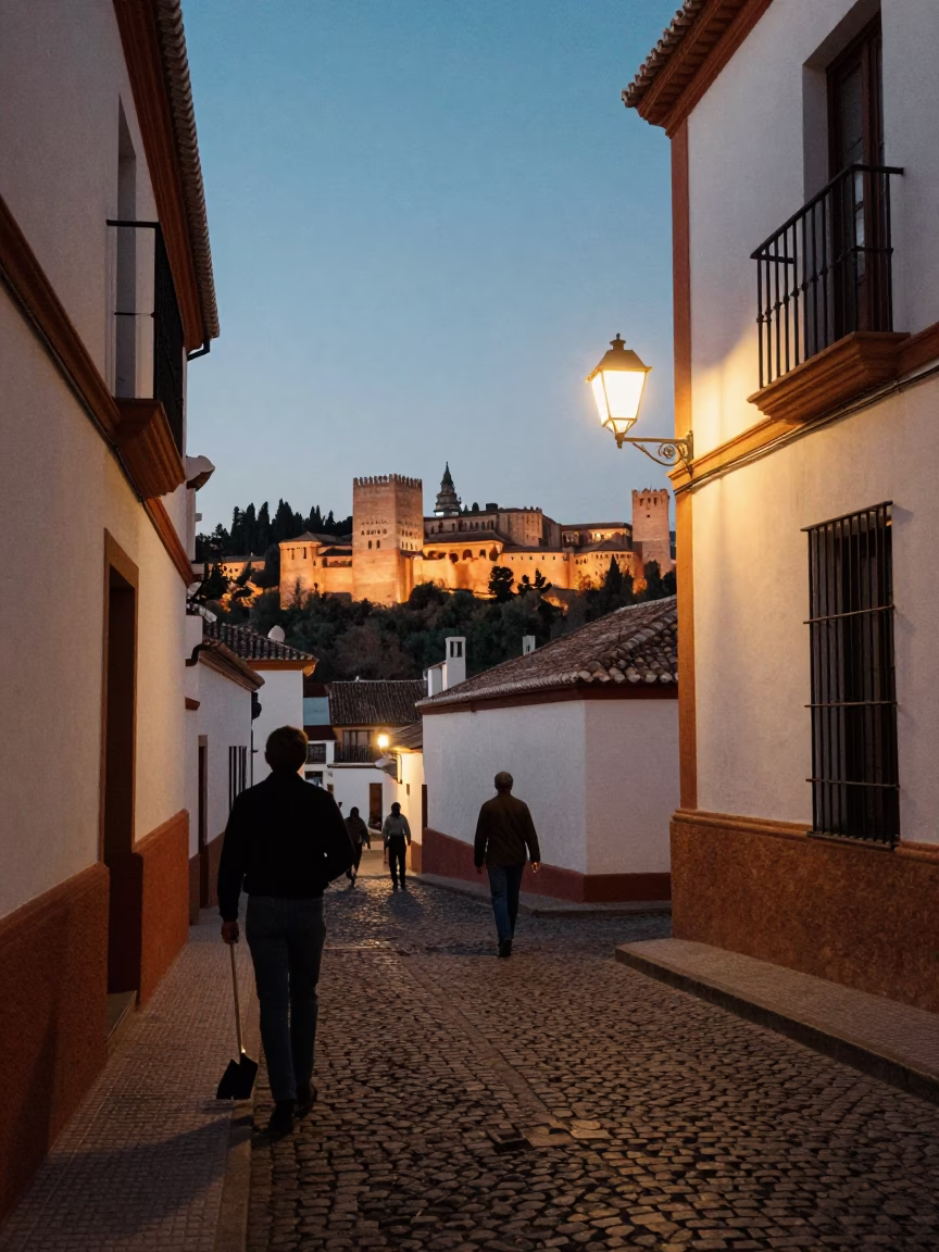 Vintage 1970s Granada Spain Street Scene with Boot Scraper and Evening City Lights in in Granada, Spain