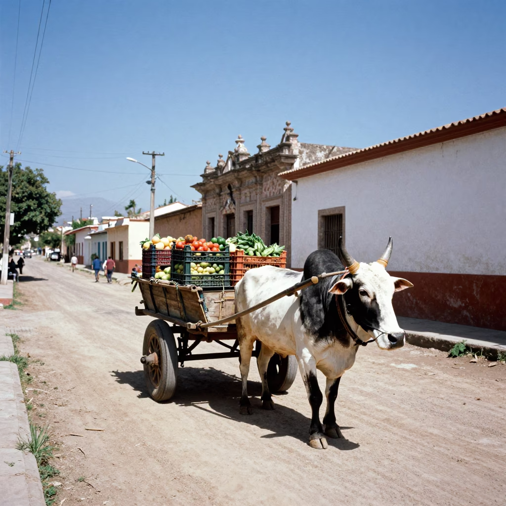 Vintage 1970s Guadalajara Mexico Street Scene with Ox Cart and Colonial Architecture in in Guadalajara, Mexico