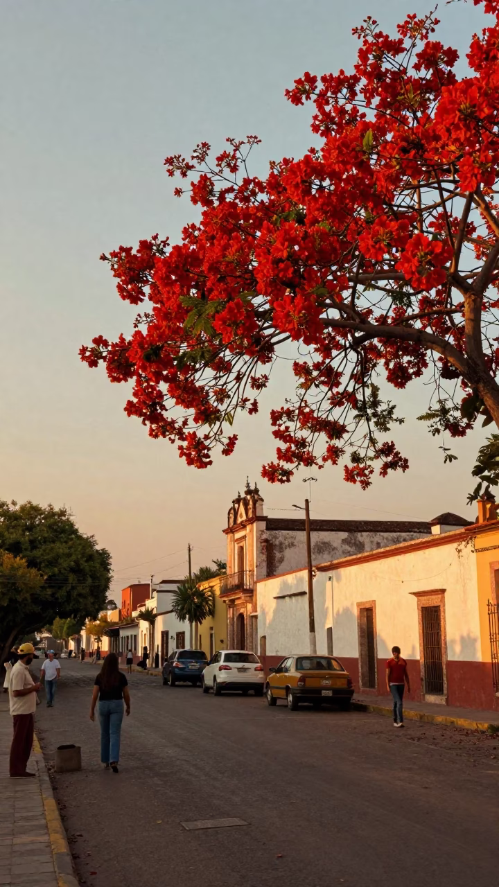 Vintage 1970s Guadalajara street scene with flame tree bloom and local vendors in in Guadalajara, Mexico