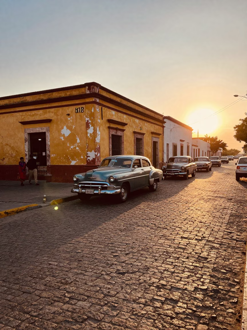 Vintage 1970s Guadalajara Sunset Street Scene with Classic Automobiles and Local Pedestrians in in Guadalajara, Mexico