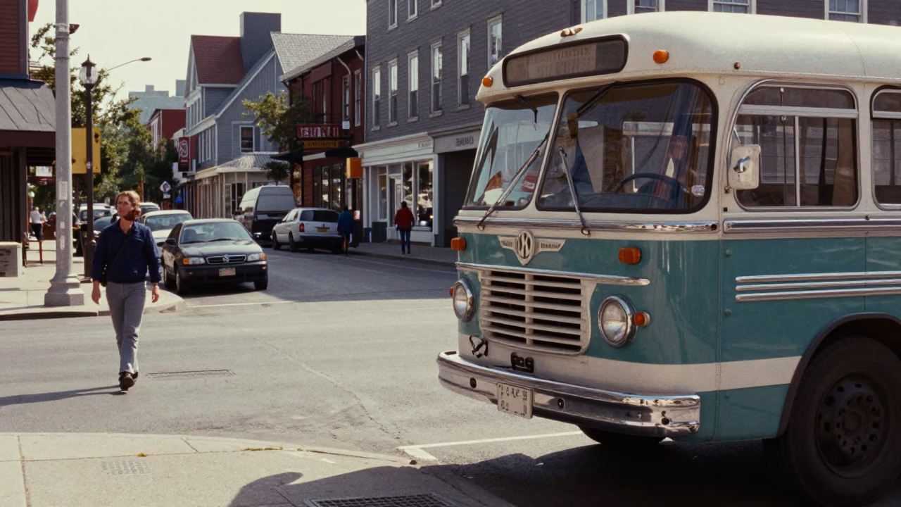Vintage 1970s Halifax Street Scene with Classic Bus and Cardigan Wearing Commuter in in Halifax, Nova Scotia, Canada