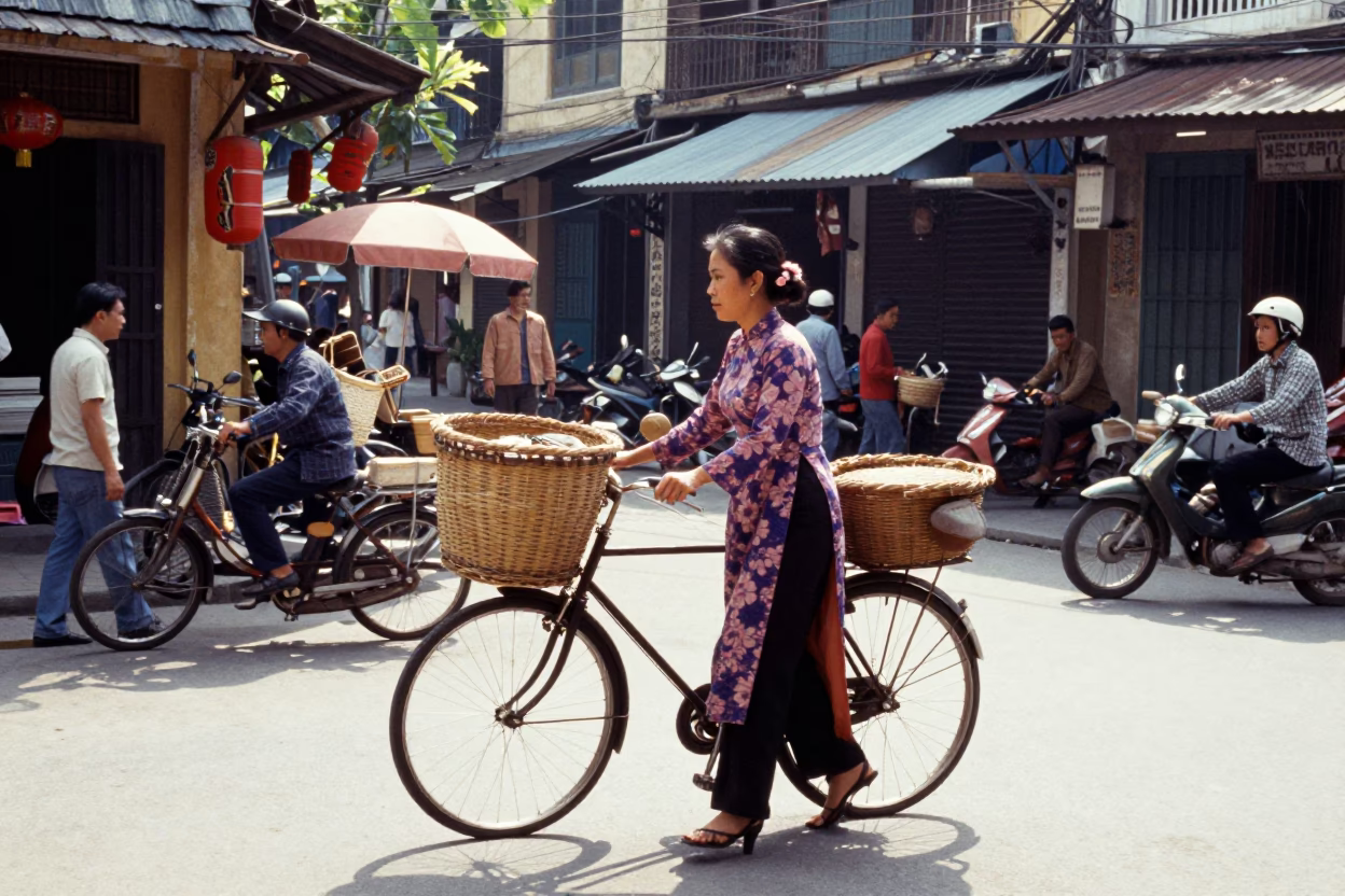 Vintage 1970s Hanoi Street Scene with Bicycle and Local Market Activity in in Hanoi, Vietnam