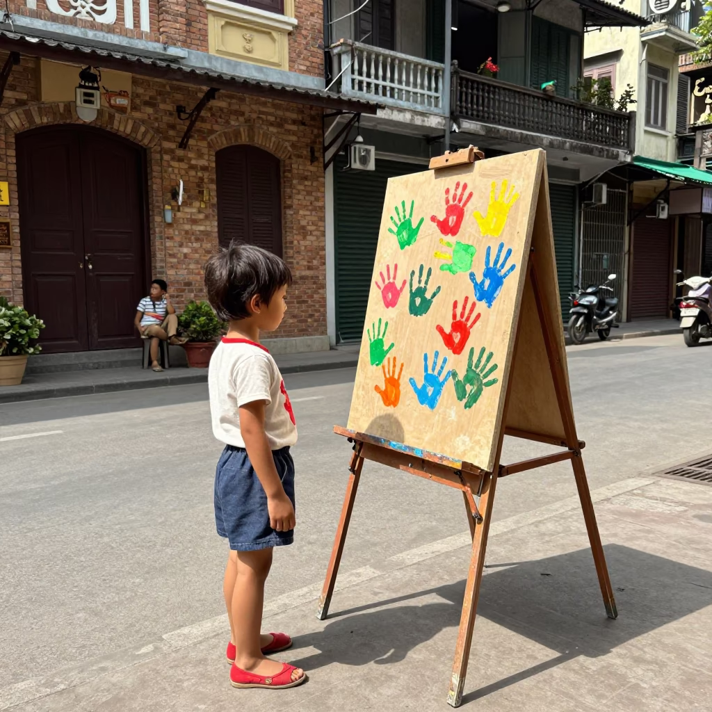 Vintage 1970s Hanoi Street Scene with Child and Easel in in Hanoi, Vietnam