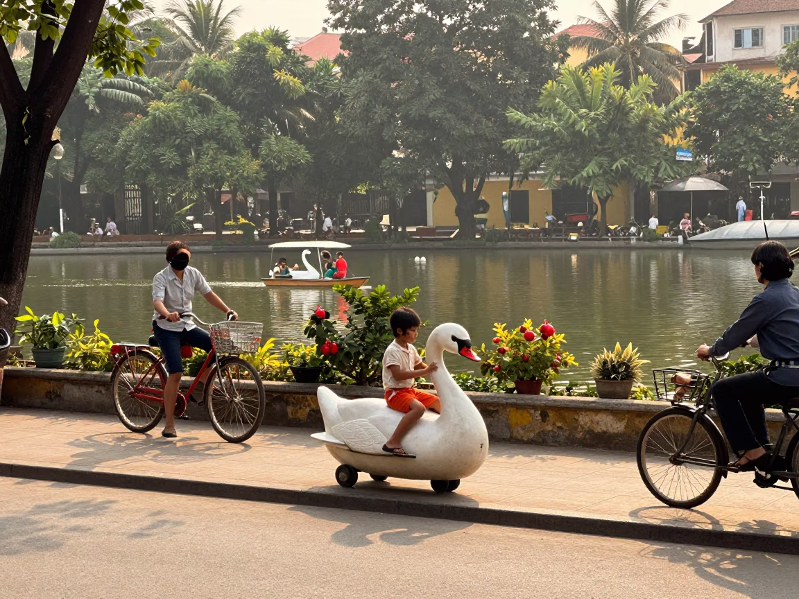 Vintage 1970s Hanoi Street Scene with Swans and Pomegranates in in Hanoi, Vietnam